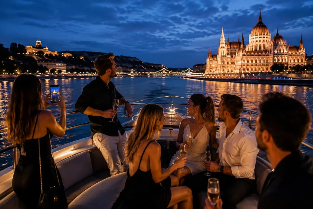 Guests enjoying panoramic views during a private Danube cruise in Budapest at blue hour