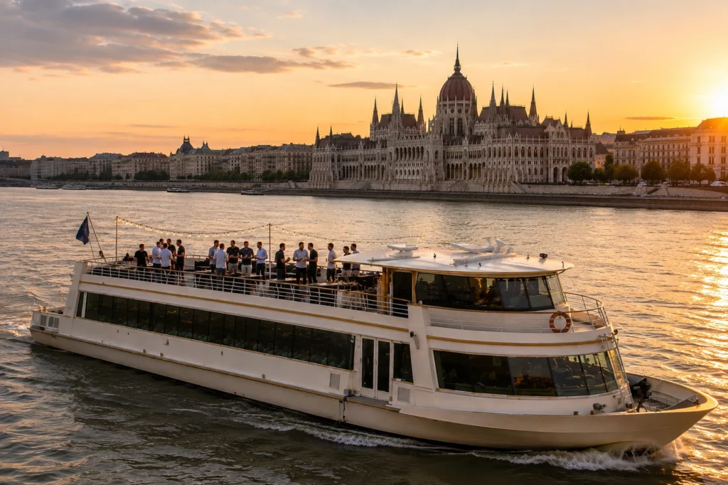 Large private event boat cruising on the Danube with the Hungarian Parliament in Budapest
