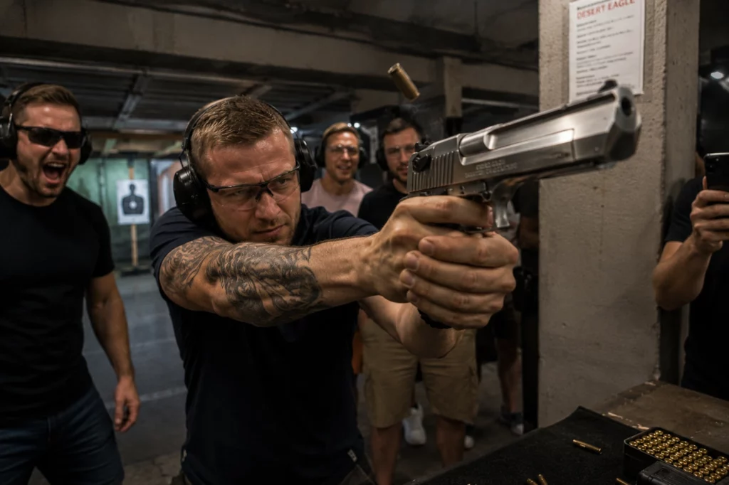 Stag group shooting a Desert Eagle during a private transfer shooting package in Budapest