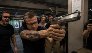 Stag group shooting a Desert Eagle during a private transfer shooting package in Budapest