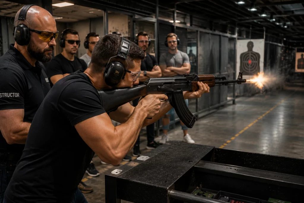 Participant firing an AK-style rifle during a Professional Shooting Package in Budapest