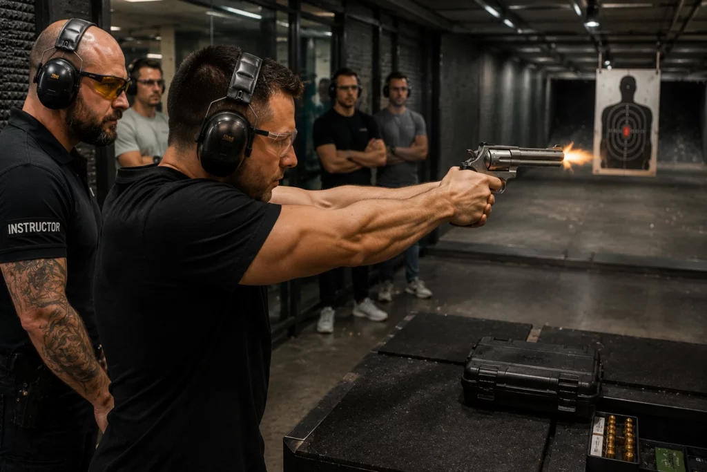 Participant shooting a Magnum revolver during a Professional Shooting Package in Budapest