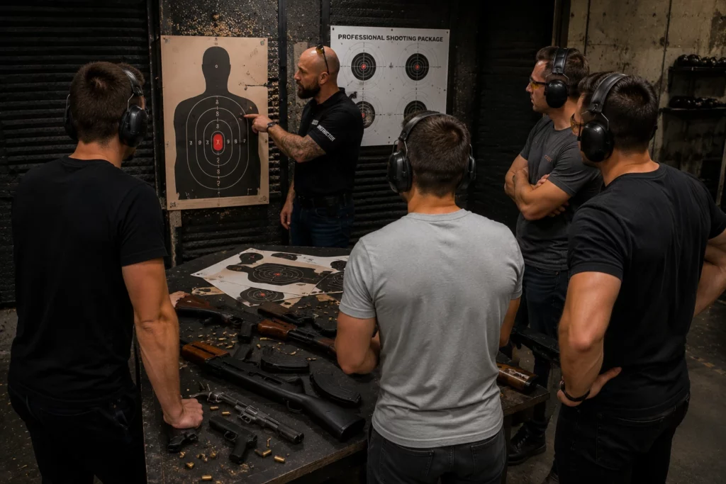 Stag group reviewing targets after a Professional Shooting Package in Budapest
