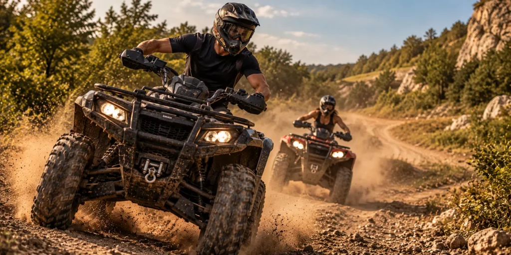 Two riders on quad bikes during an off-road driving experience in Budapest