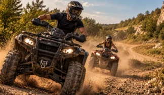 Two riders on quad bikes during an off-road driving experience in Budapest