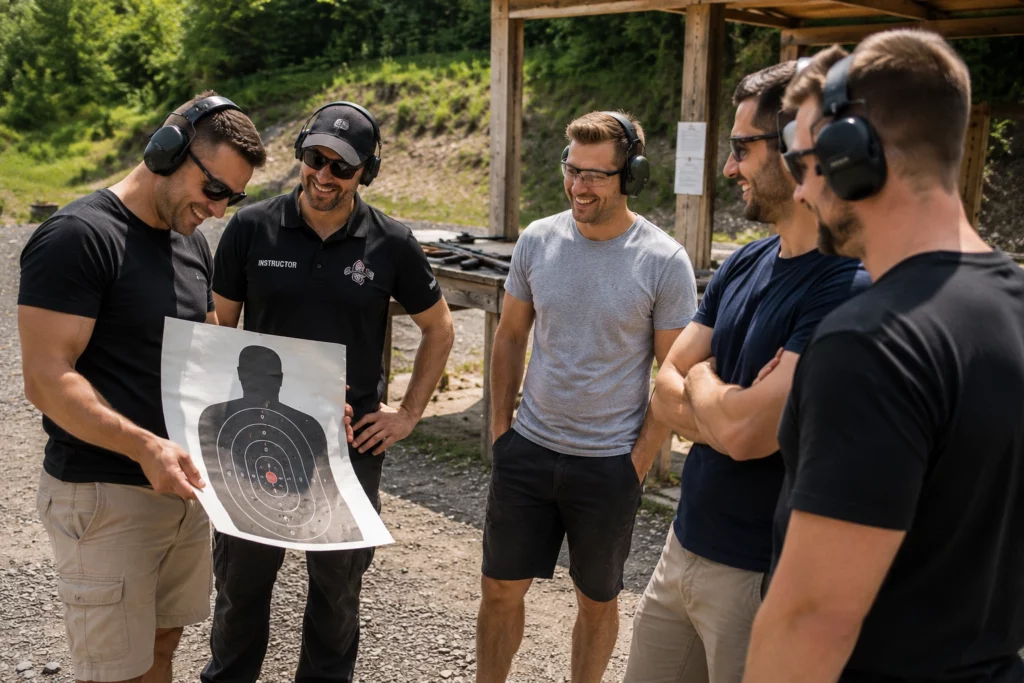 Stag group checking their targets after the Rambo Shooting Package in Budapest