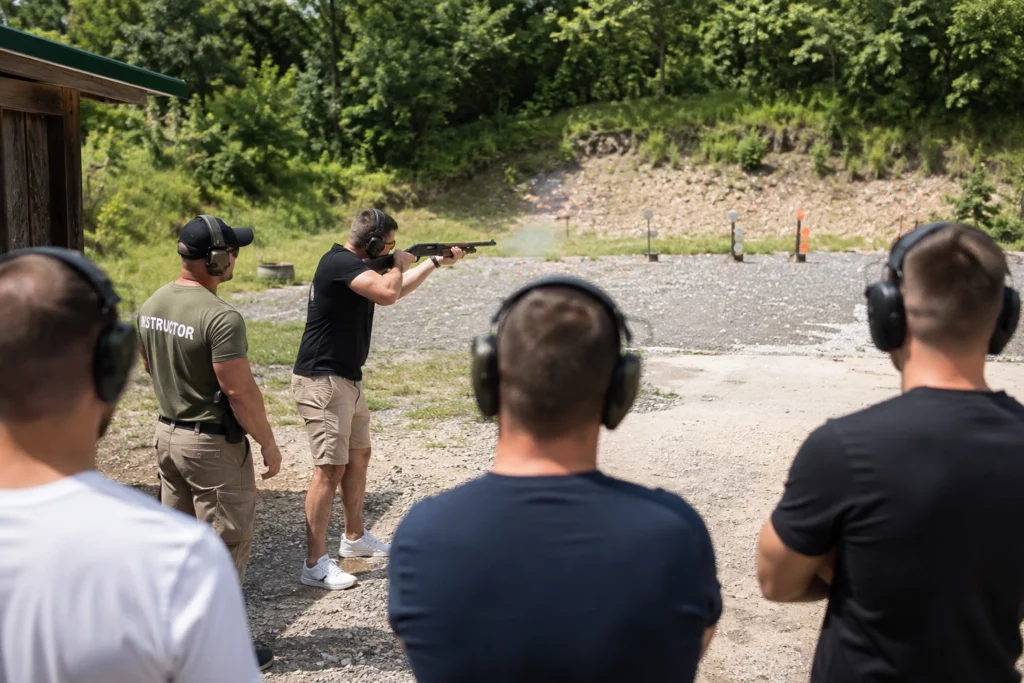 Participant shooting a Remington shotgun during the Rambo Shooting Package in Budapest