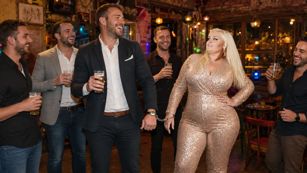 Roly Poly performer handcuffed to the groom during a Budapest pub crawl