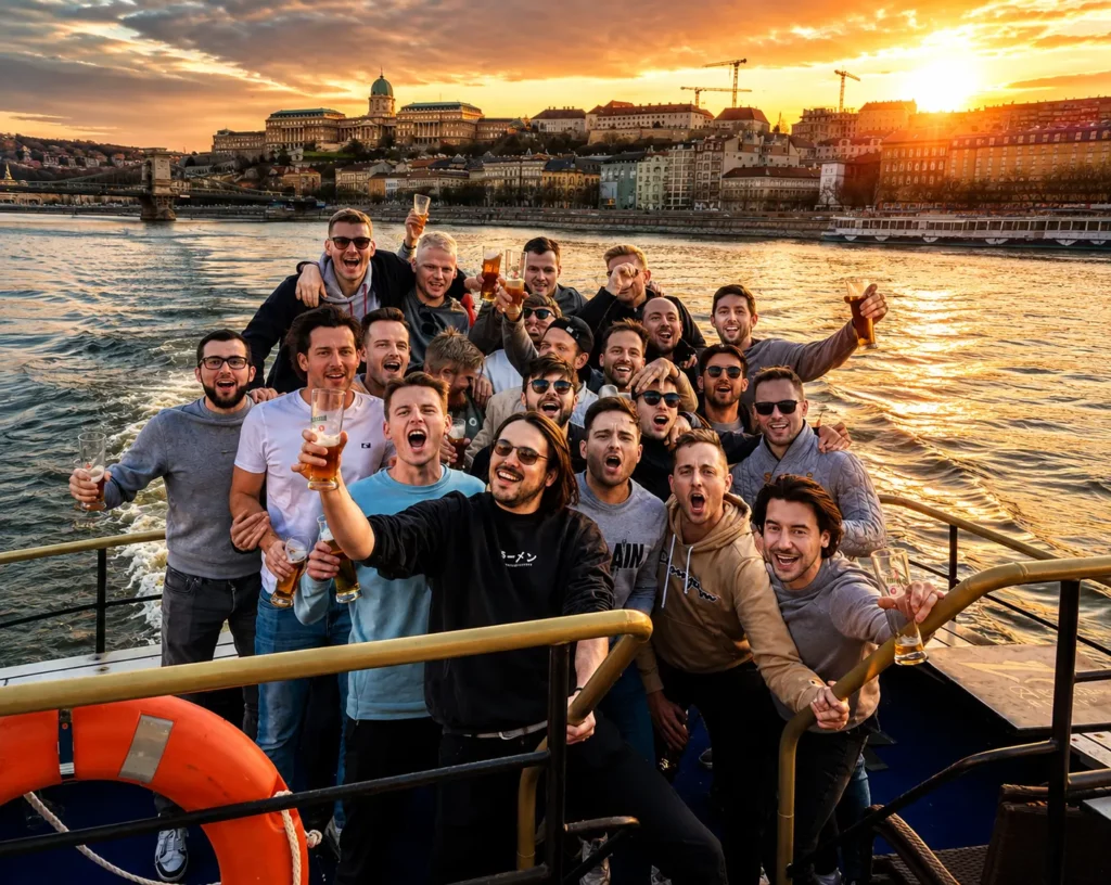 Stag group celebrating on a boat cruise on the Danube in Budapest