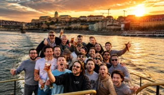 Stag group celebrating on a boat cruise on the Danube in Budapest