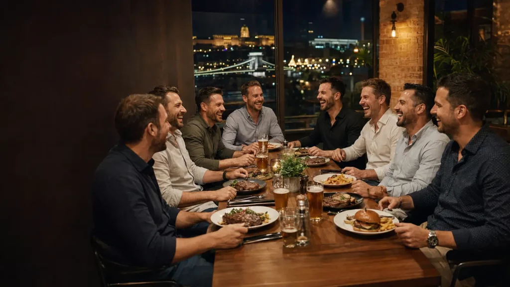 Stag group having dinner at a restaurant in Budapest