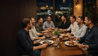 Stag group having dinner at a restaurant in Budapest