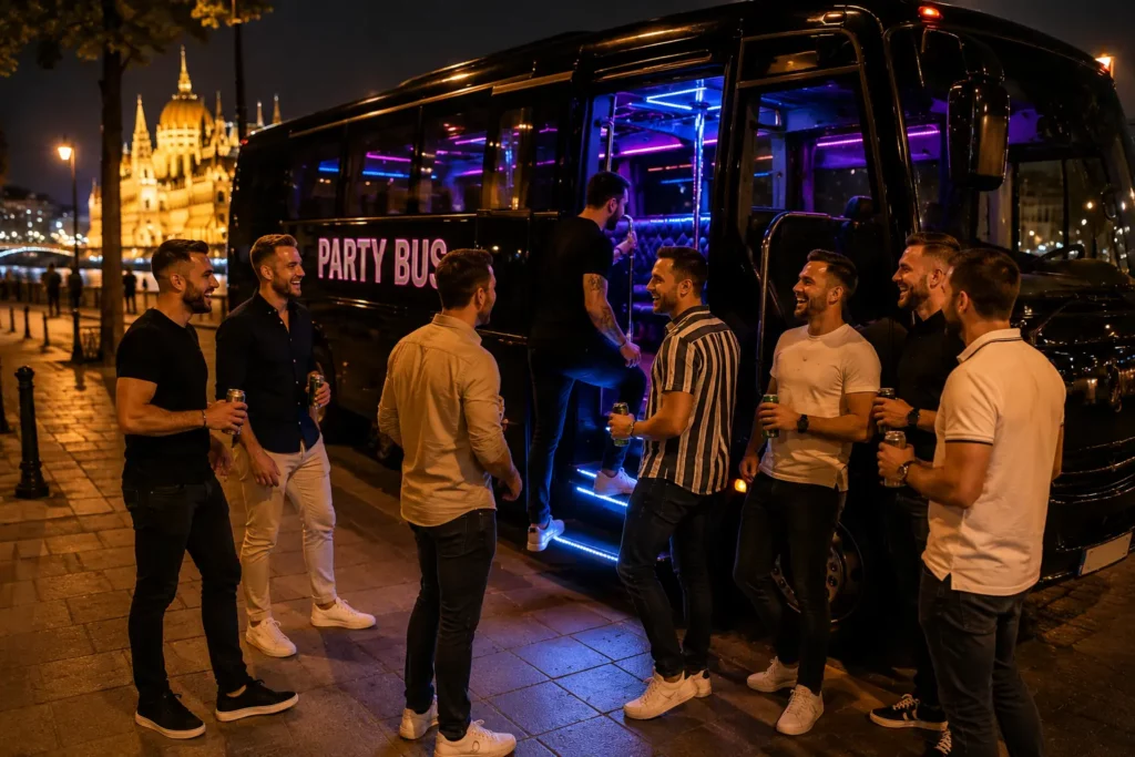 Stag group boarding a private party bus in Budapest