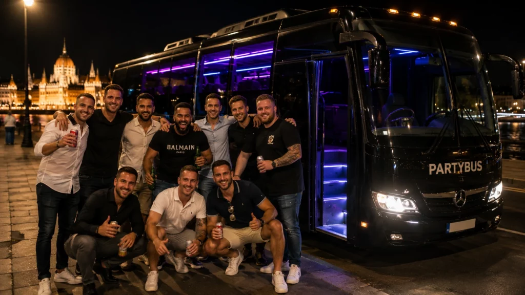 Stag group with a private Strip Party Bus in Budapest at night