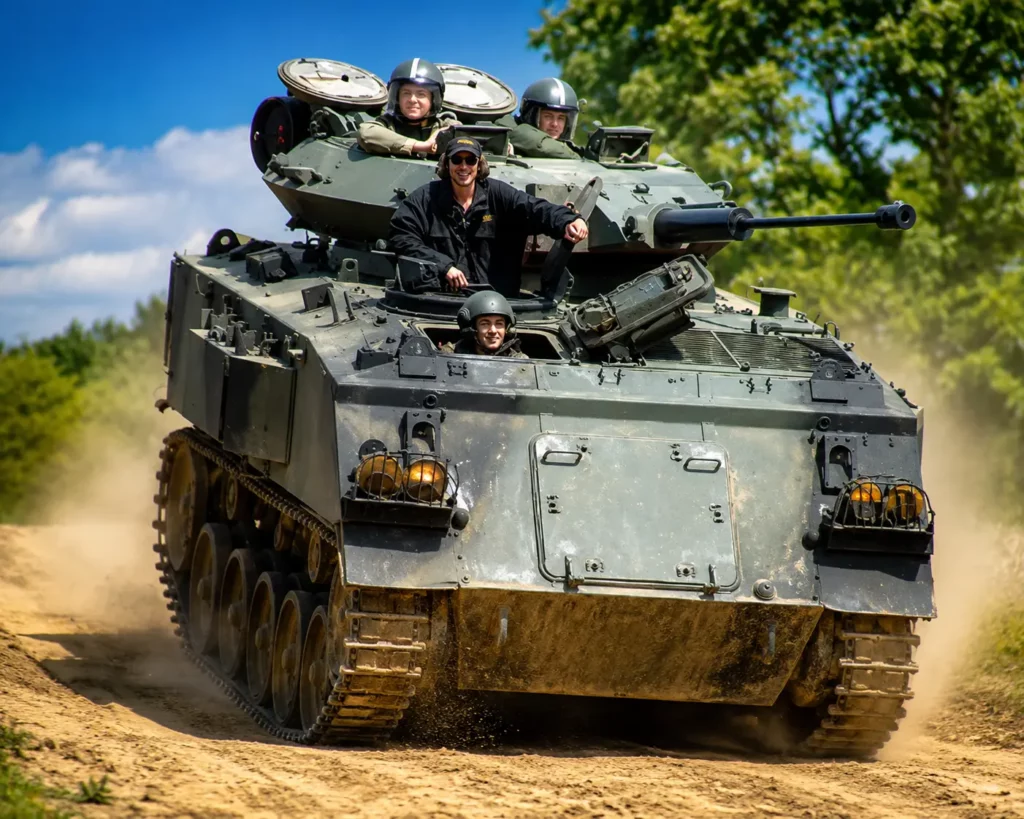 Tank driving experience in Budapest with a group riding a tracked military vehicle