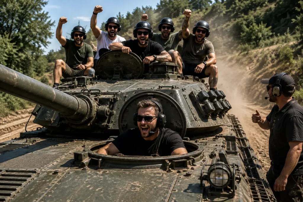 Stag group riding a tank during a combined military experience in Budapest