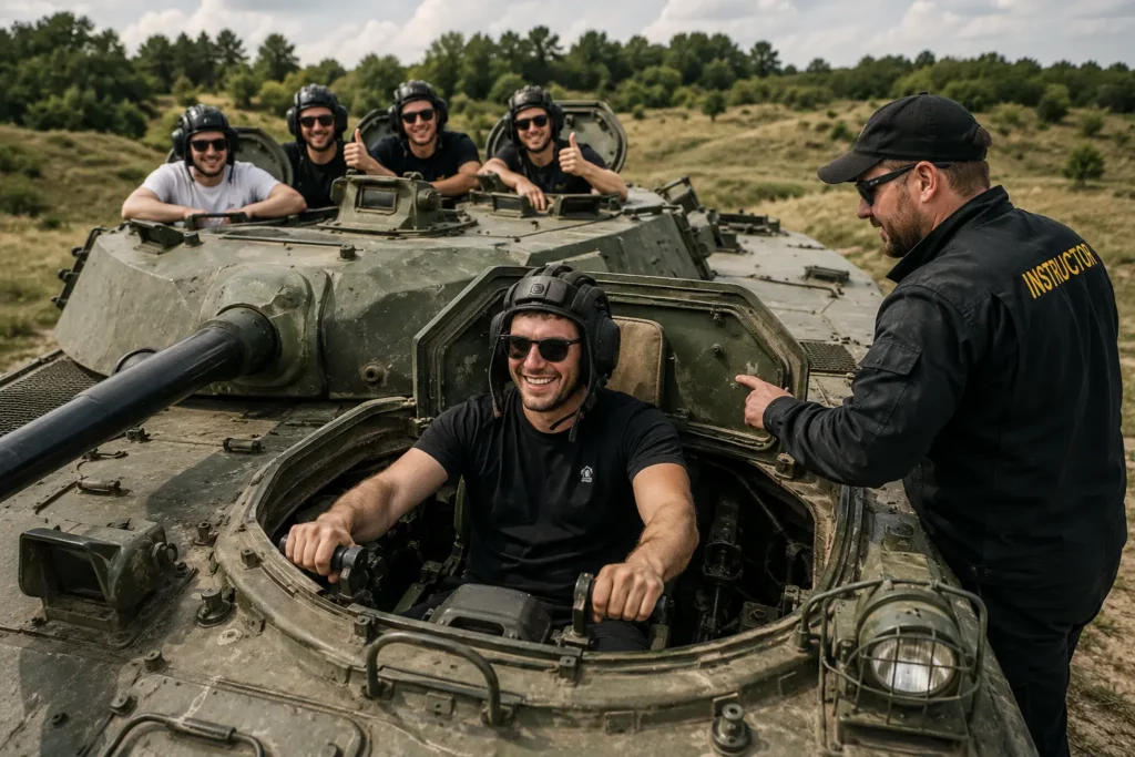nstructor guiding a participant during a tank driving experience in Budapest