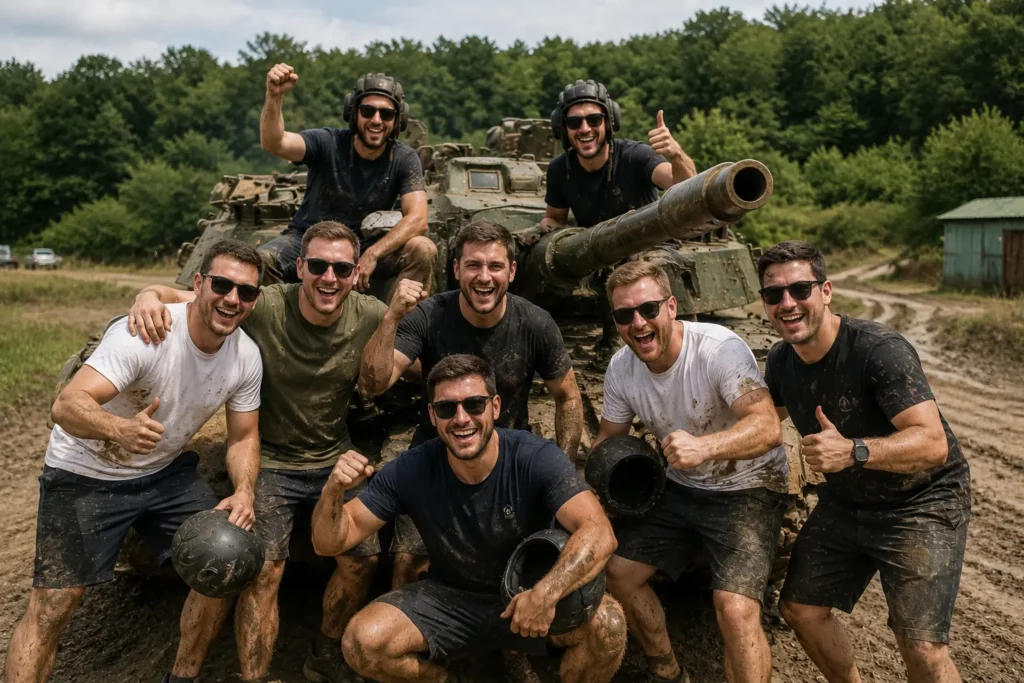 Stag group after a tank driving experience in Budapest