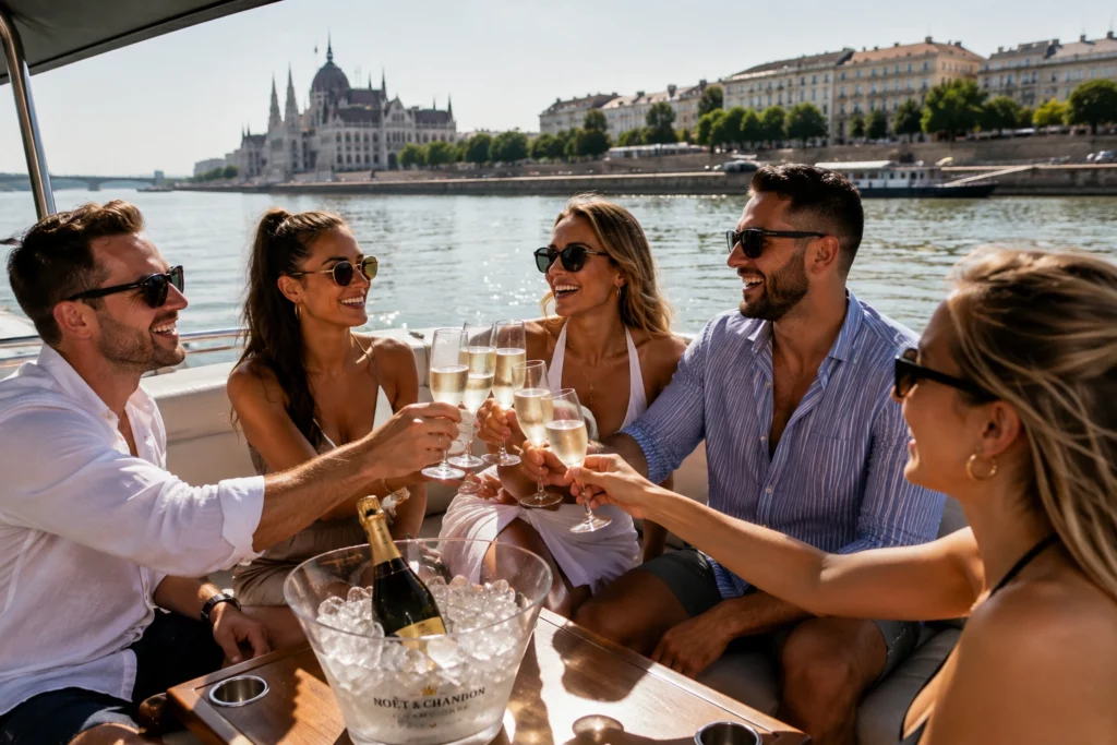 Group enjoying unlimited prosecco on a Budapest cruise along the Danube