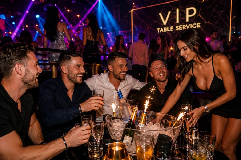 Stag group with a party hostess at a VIP nightclub table in Budapest