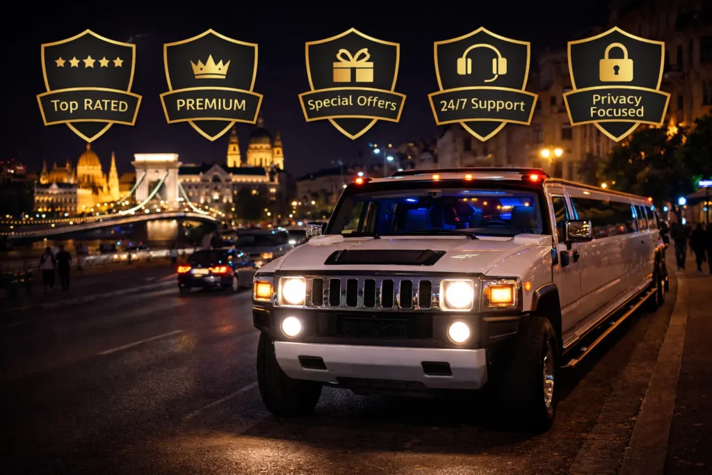 White stretch Hummer limousine in Budapest at night near the Chain Bridge and Parliament, representing a trusted and professional strip limo Budapest service for stag parties.