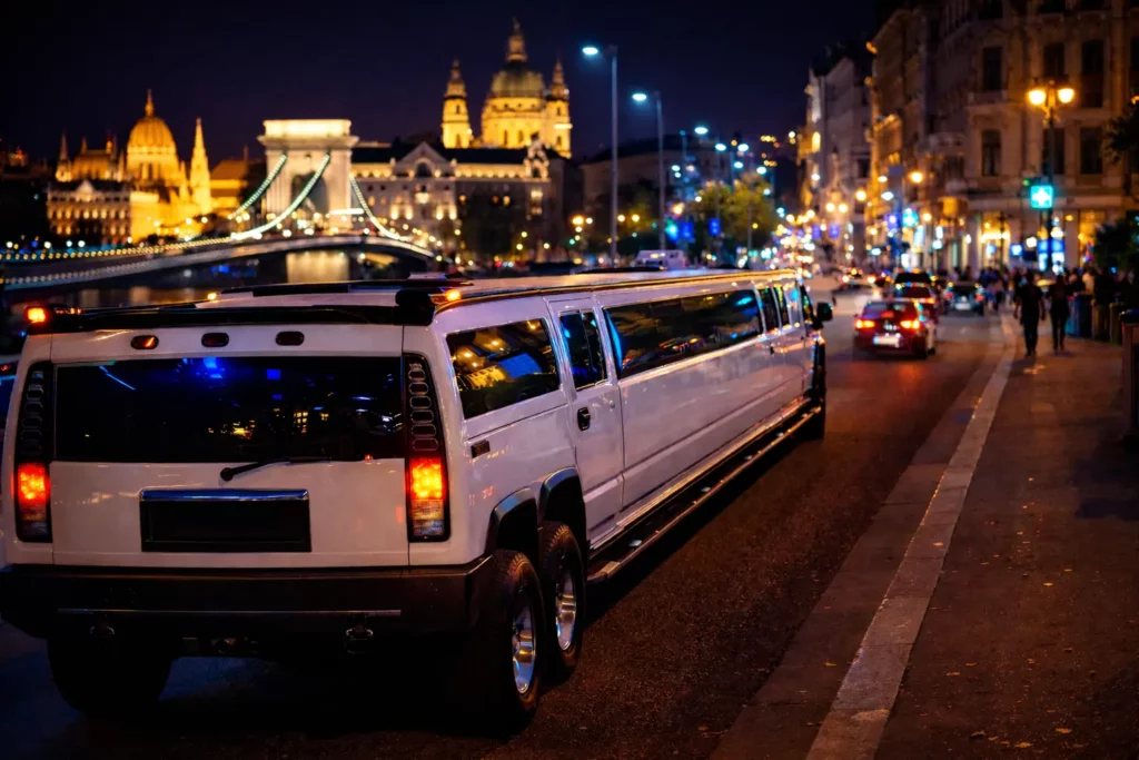 White stretch Hummer limousine on a Budapest street at night near the Chain Bridge and Parliament, showing how a strip limo Budapest pickup and city ride works for stag groups.