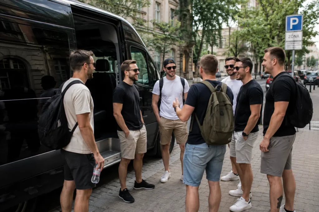 Stag group travelling to a gun shooting activity in Budapest