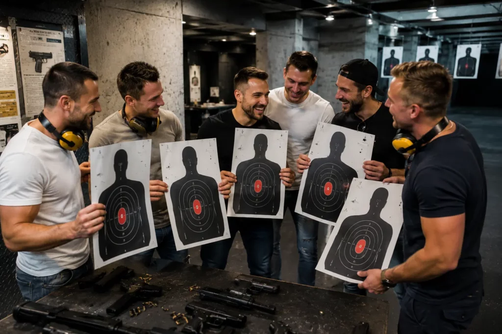 Stag group comparing targets after a gun shooting session in Budapest
