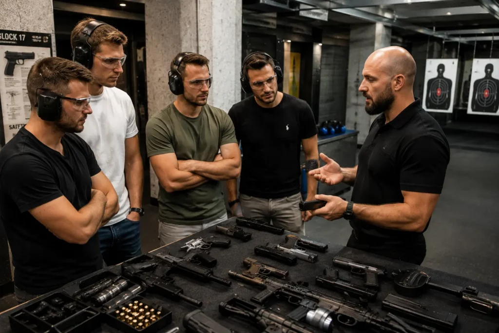 Stag group receiving professional instructions before a gun shooting session in Budapest