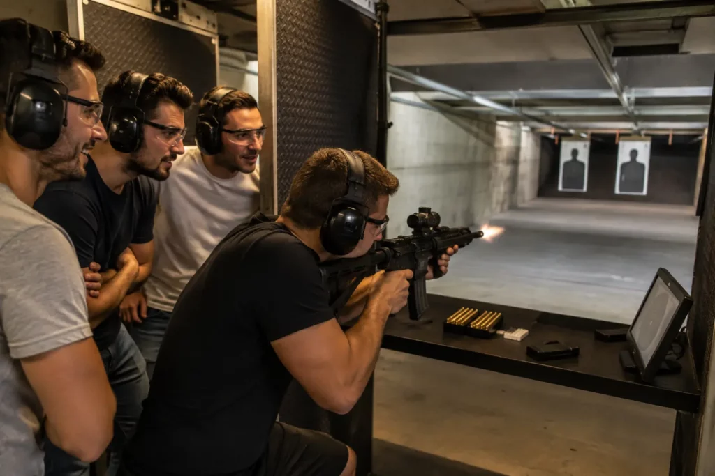 Stag group enjoying a supervised gun shooting experience in Budapest