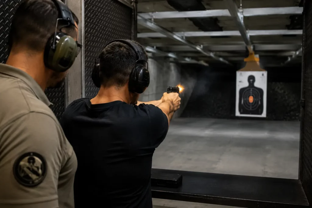 Participant firing a handgun during a supervised gun shooting session in Budapest