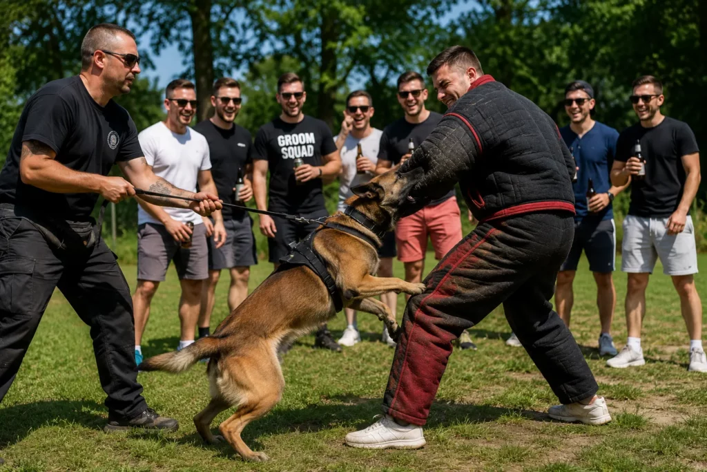 Man vs Dog stag prank with a trained dog and professional handler in Budapest