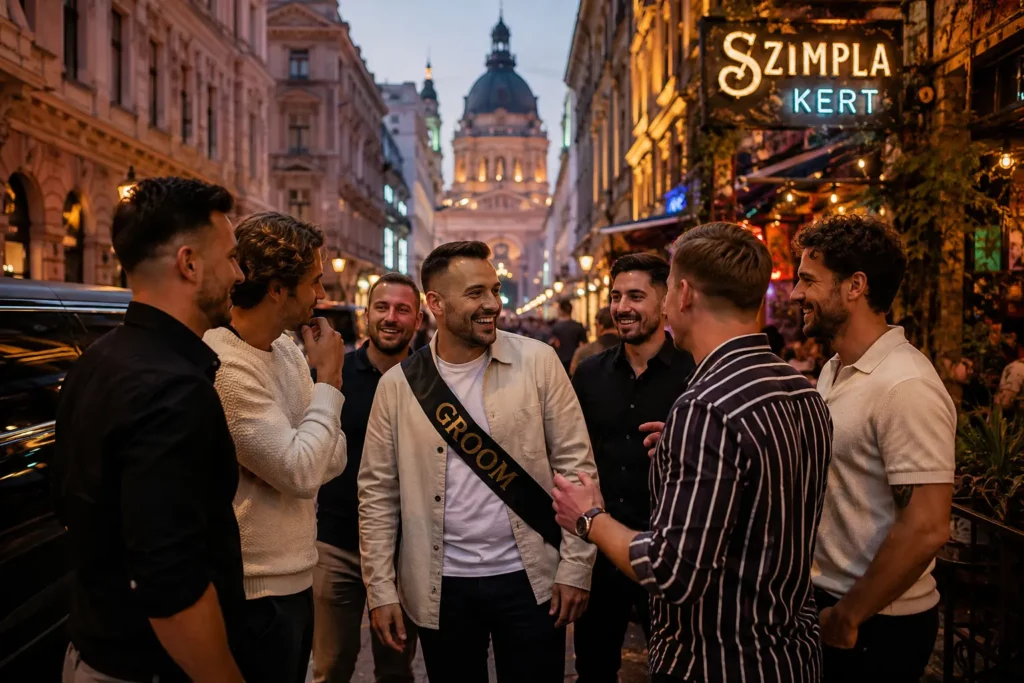 Stag group starting a weekend in Budapest city centre