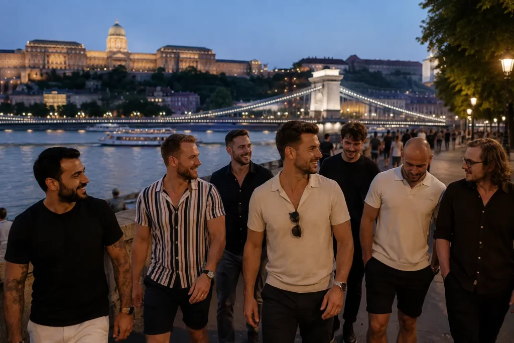 Stag group walking beside the Danube during a Budapest weekend.