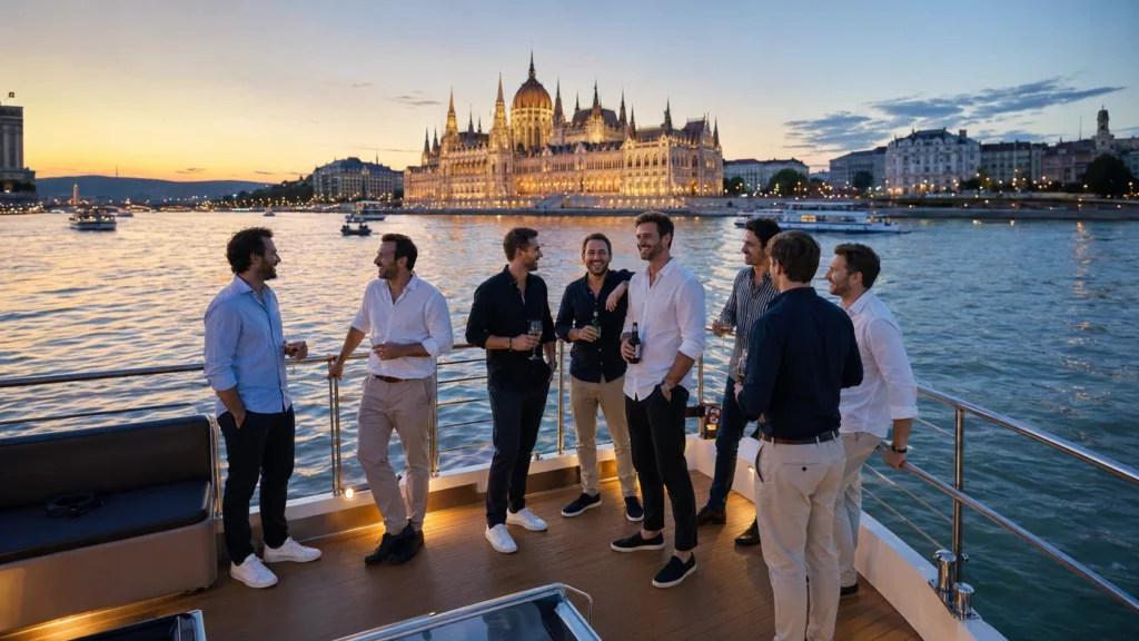 Stag group enjoying a private Danube cruise in Budapest at sunset