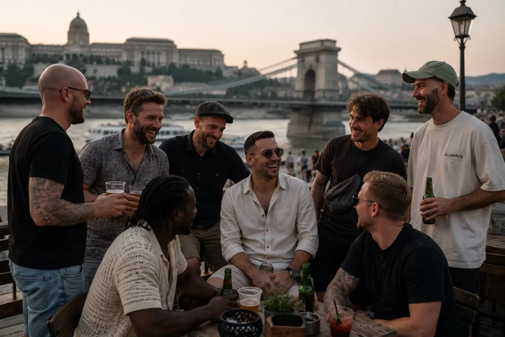Stag group sharing drinks by the Danube in Budapest