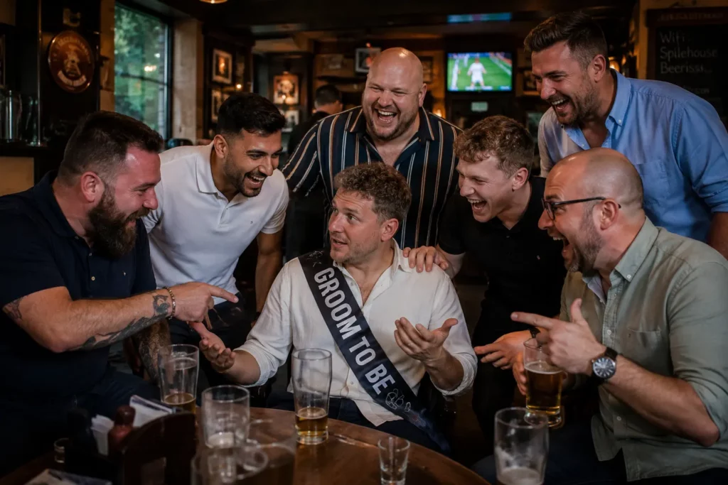 Friends laughing with the groom during a Budapest stag do