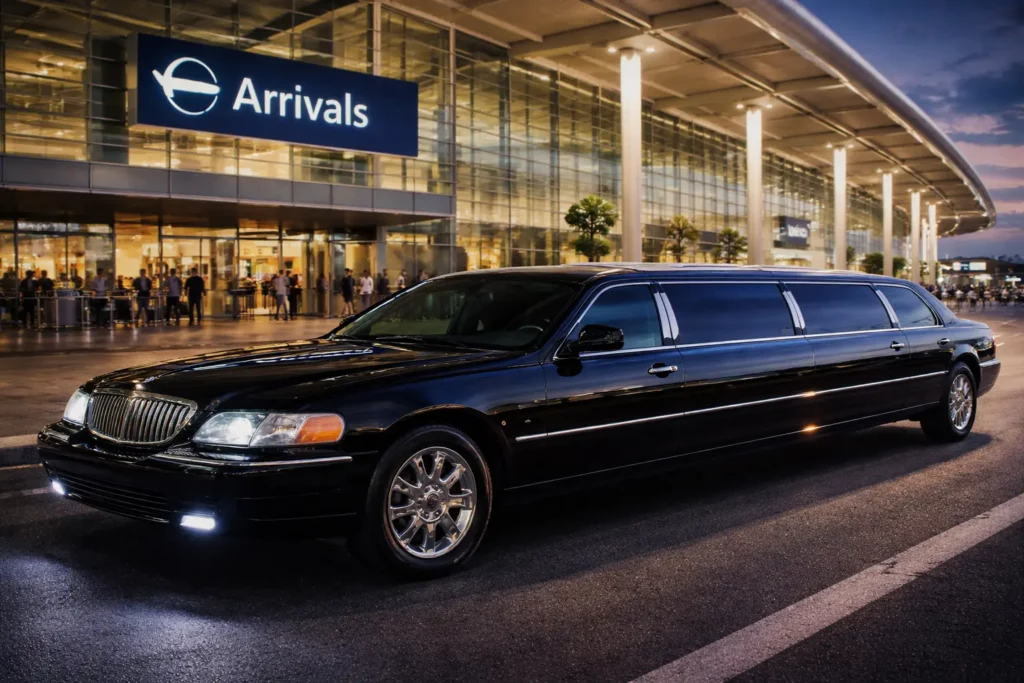 Black limousine parked at the airport arrivals terminal in Budapest, a premium Budapest stag do option for smooth airport transfers and stress-free arrival.