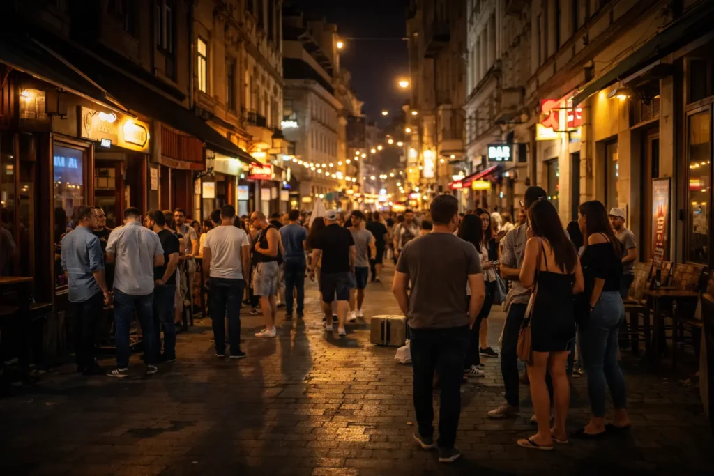 Busy Budapest nightlife street with warm lights and bar entrances, showing the lively atmosphere many groups look for in a Budapest stag do weekend.
