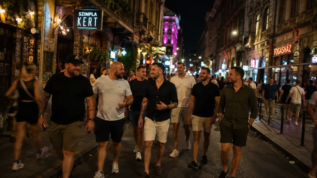 Stag group walking through Budapest nightlife district at night
