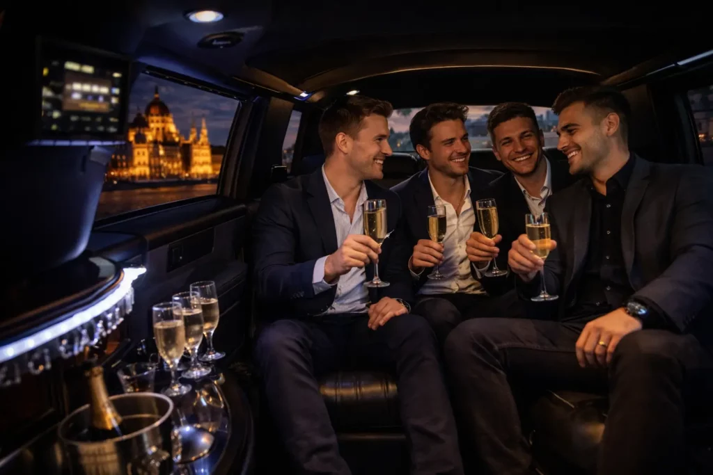 Friends enjoying champagne inside a luxury limousine in Budapest at night, illustrating a premium Budapest stag do weekend with smooth VIP-style logistics.