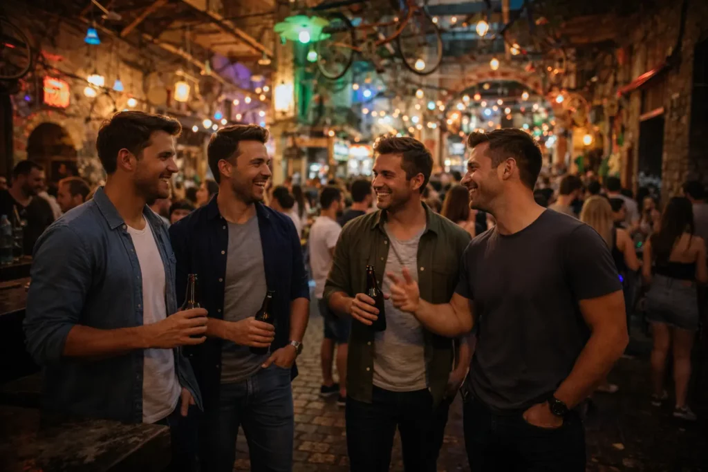 Friends enjoying a Budapest ruin bar with warm lights and an authentic crowd atmosphere, a key reason Budapest stag do weekends work so well in 2026.