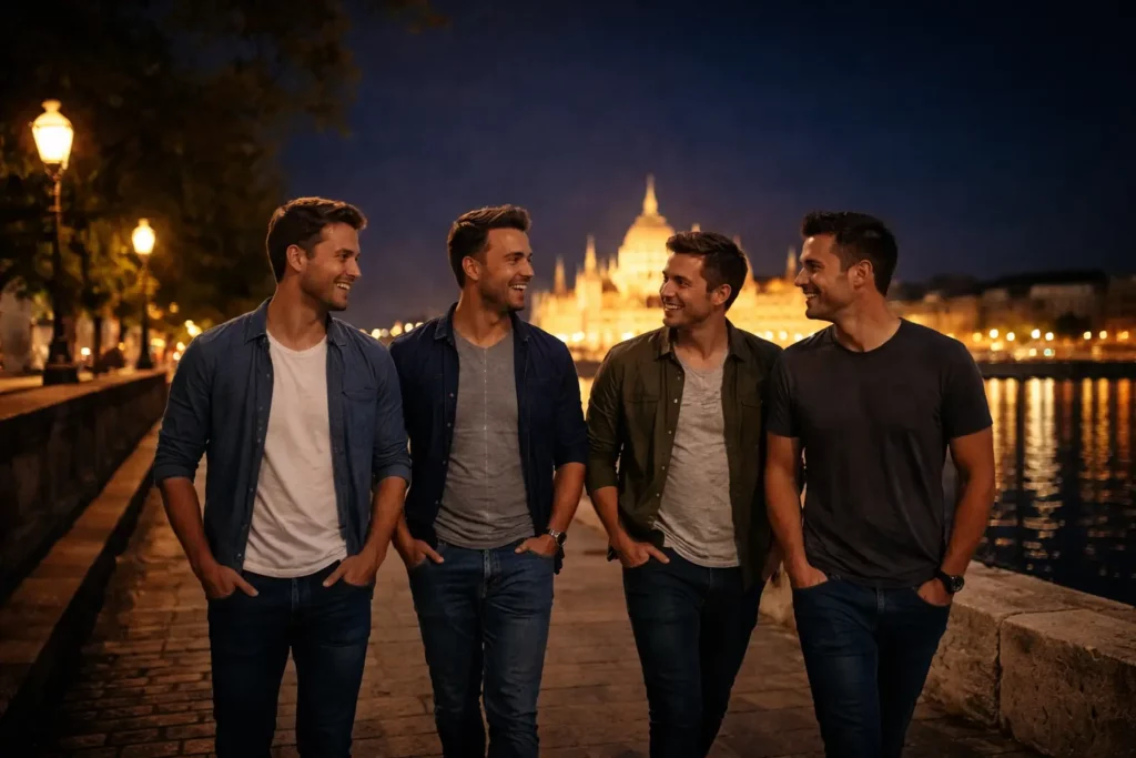 Budapest stag do guide 2026 hero image with an international group walking along the Danube at night, natural city lights and relaxed weekend atmosphere.
