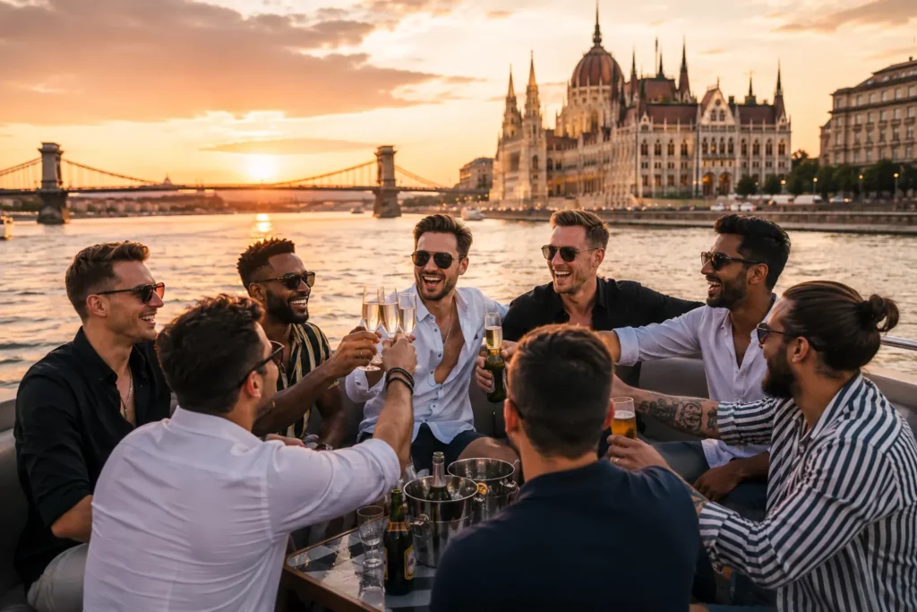 Stag group celebrating on the Danube during a Budapest stag do