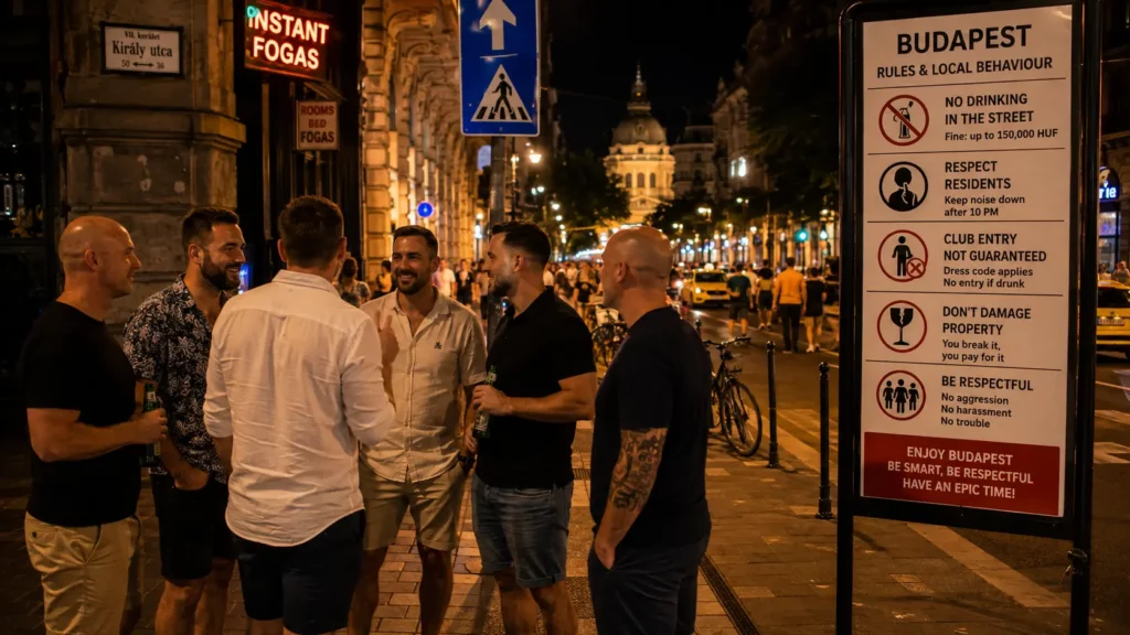 Stag group in Budapest nightlife district following local rules