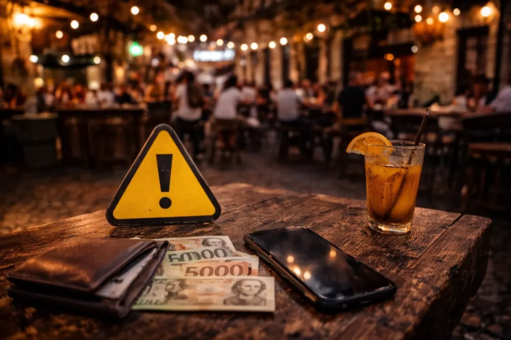 Wallet, phone and a caution sign on a Budapest nightlife table, illustrating simple Budapest stag do safety tips like checking prices and keeping valuables secure.