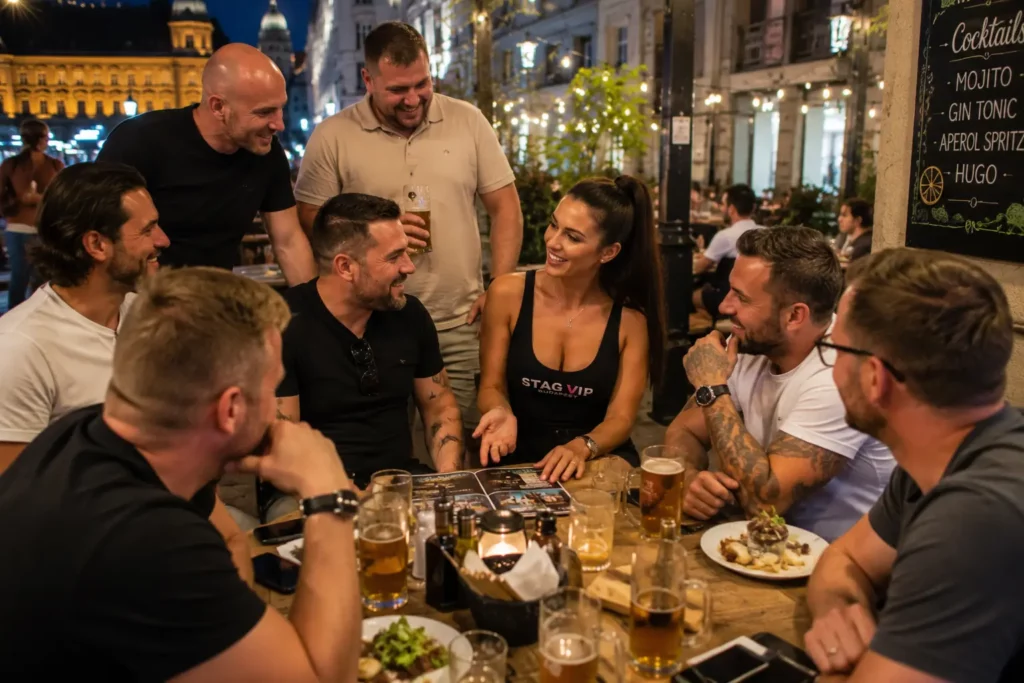 Stag group with a local coordinator during a night out in Budapest