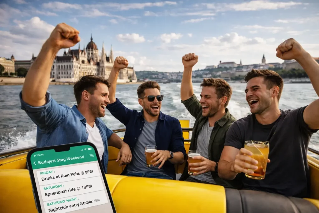 Friends on a Danube speedboat in Budapest with a planned weekend schedule on a phone, illustrating a Budapest stag do itinerary you can share in the group chat