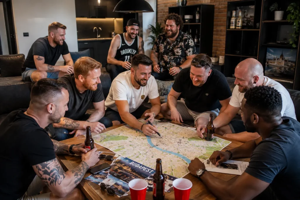 Friends planning a stag weekend in Budapest around a city map