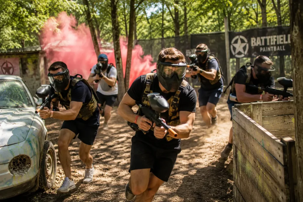 Stag group playing paintball during an activity in Budapest